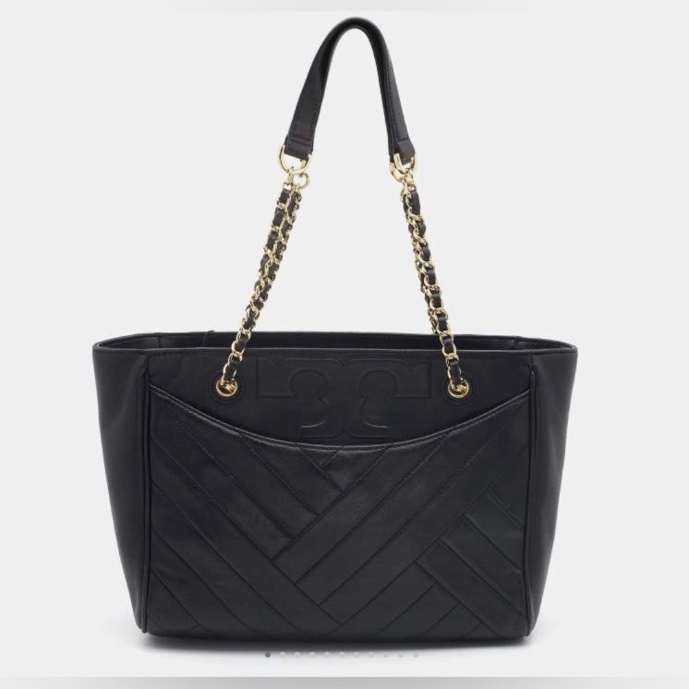 Tory Burch Alexa Black Soft leather quilted Chevron Quilted Print Chain‎ tote